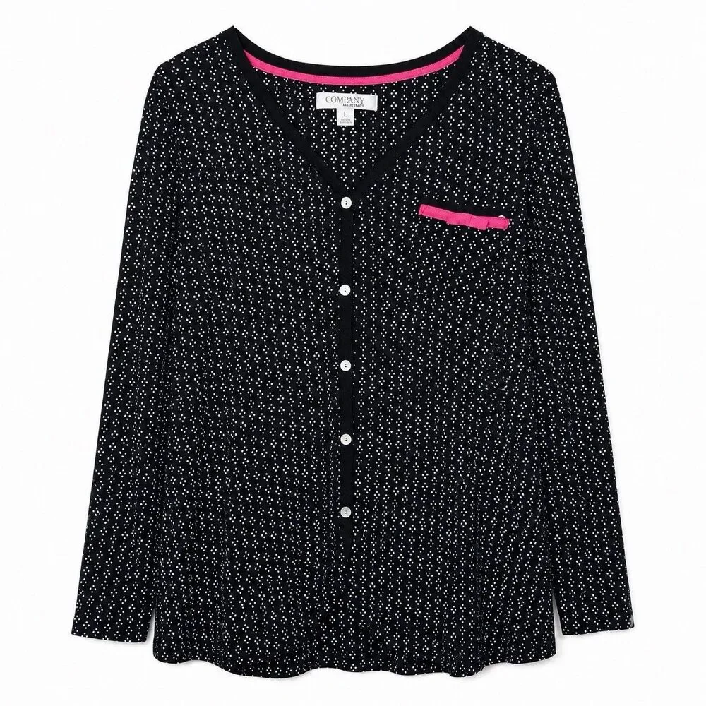 Company Ellen Tracy Pajama Top Women's Large Black Polka Dot Button Long Sleeve